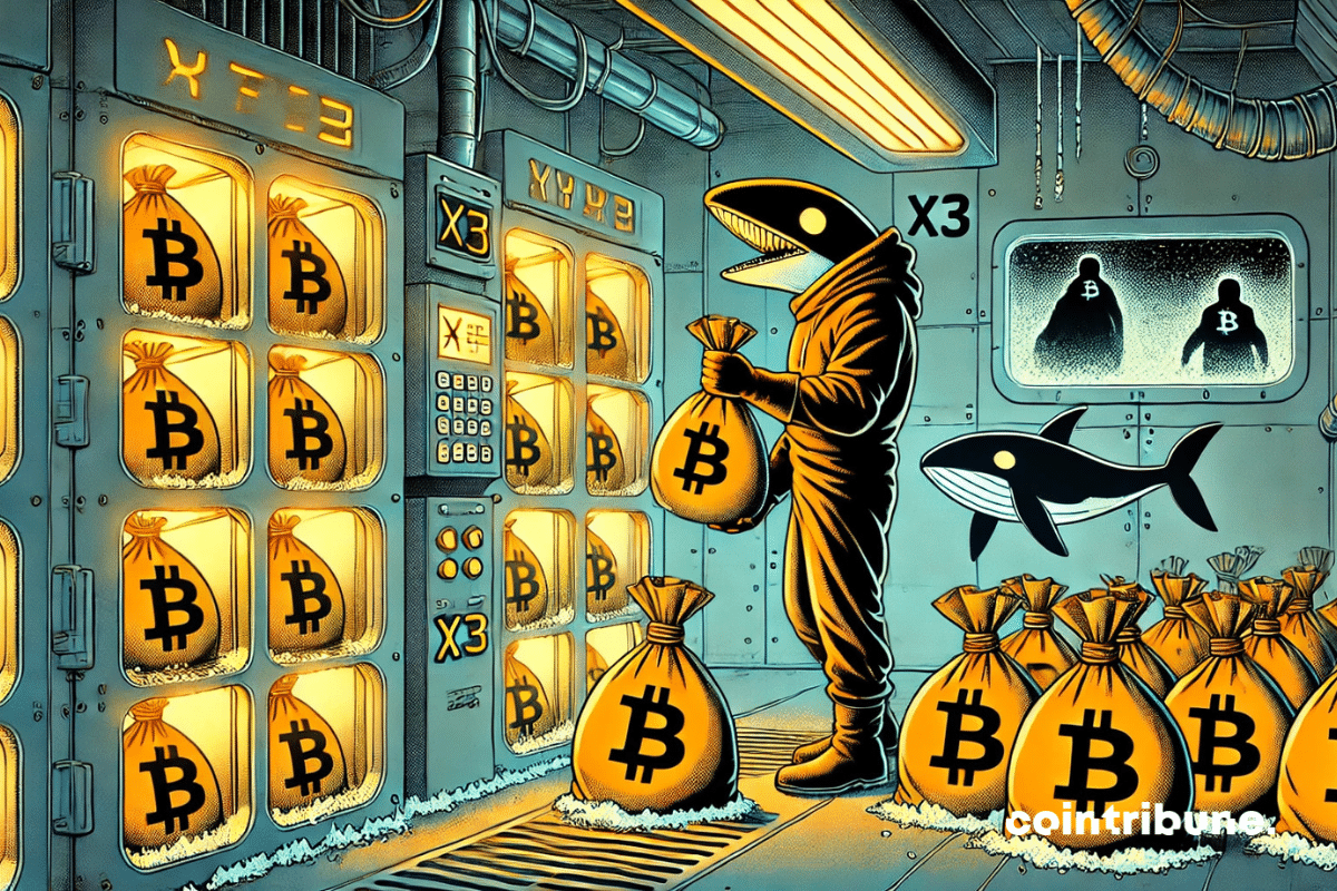 Une baleine humanoïde encapuchonnée transfère des sacs entiers de Bitcoin dans une chambre froide crypto.
