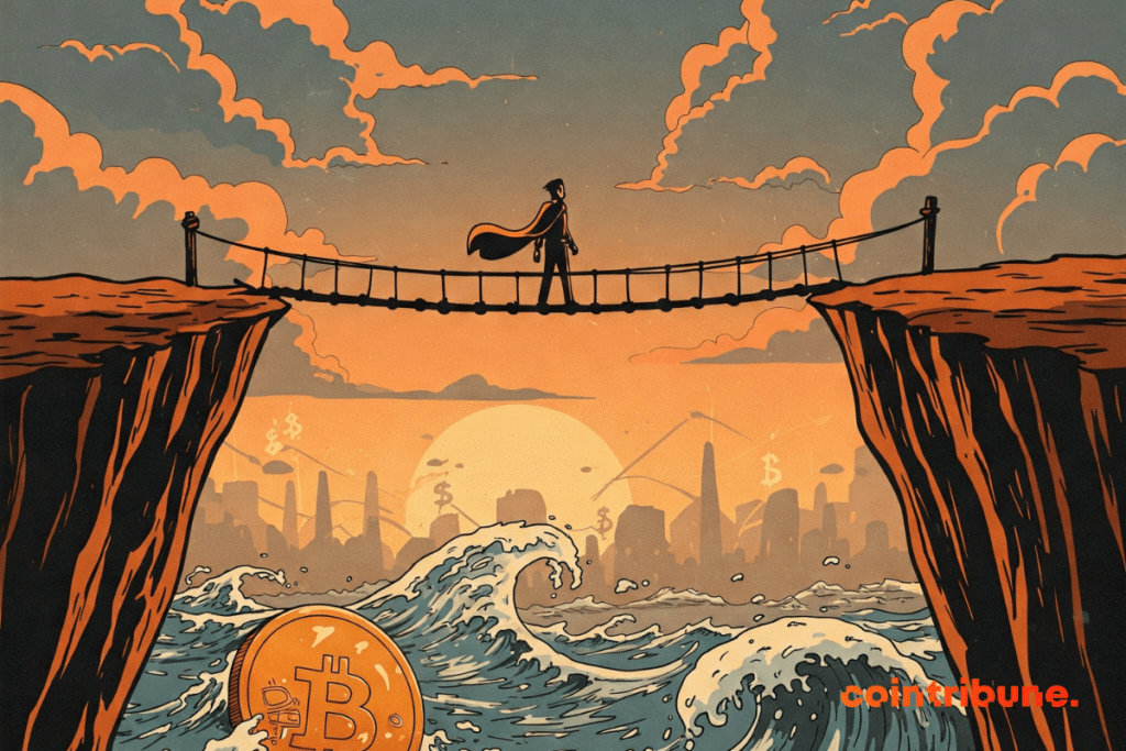 Un trader debout sur une passerelle suspendue entre deux falaises, symbolisant l’incertitude. En bas, des vagues numériques stylisées évoquant le marché des cryptomonnaies, avec des fragments visuels du logo Bitcoin intégrés subtilement.