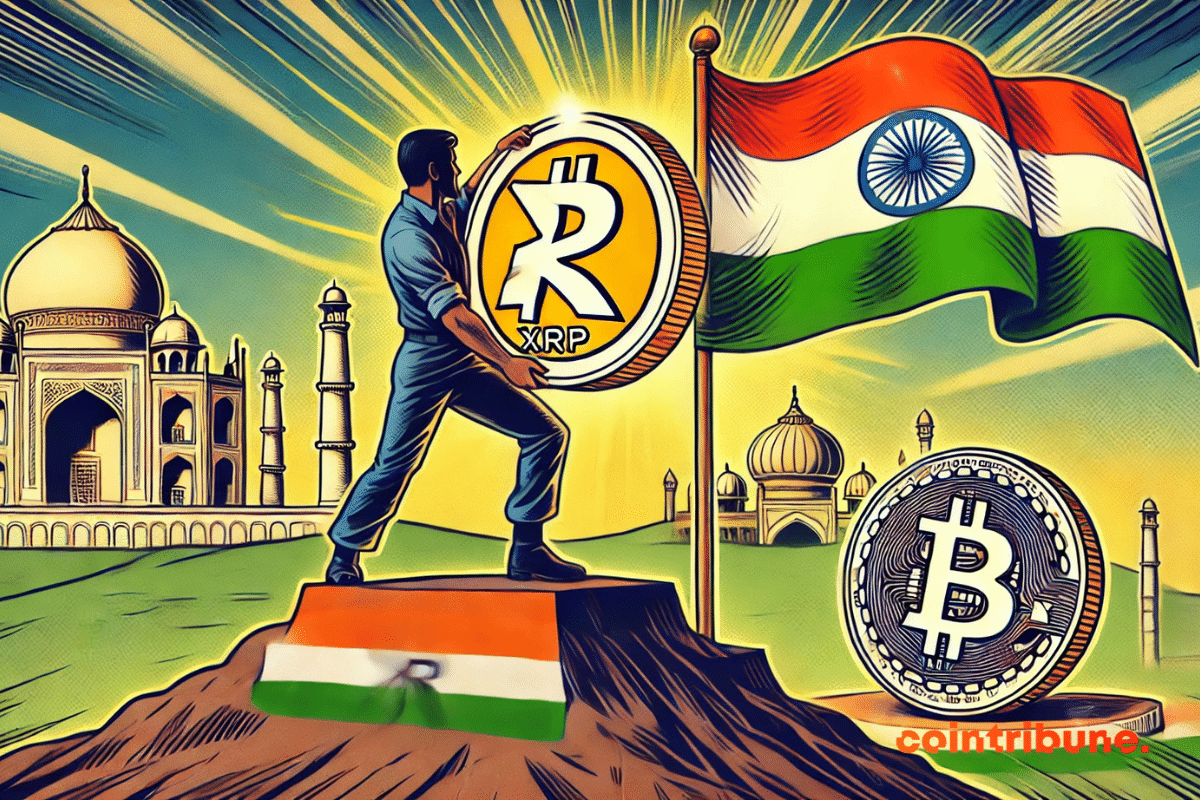 Personne portant sur le podium une pièce de XRP avec un drapeau de l'Inde à côté