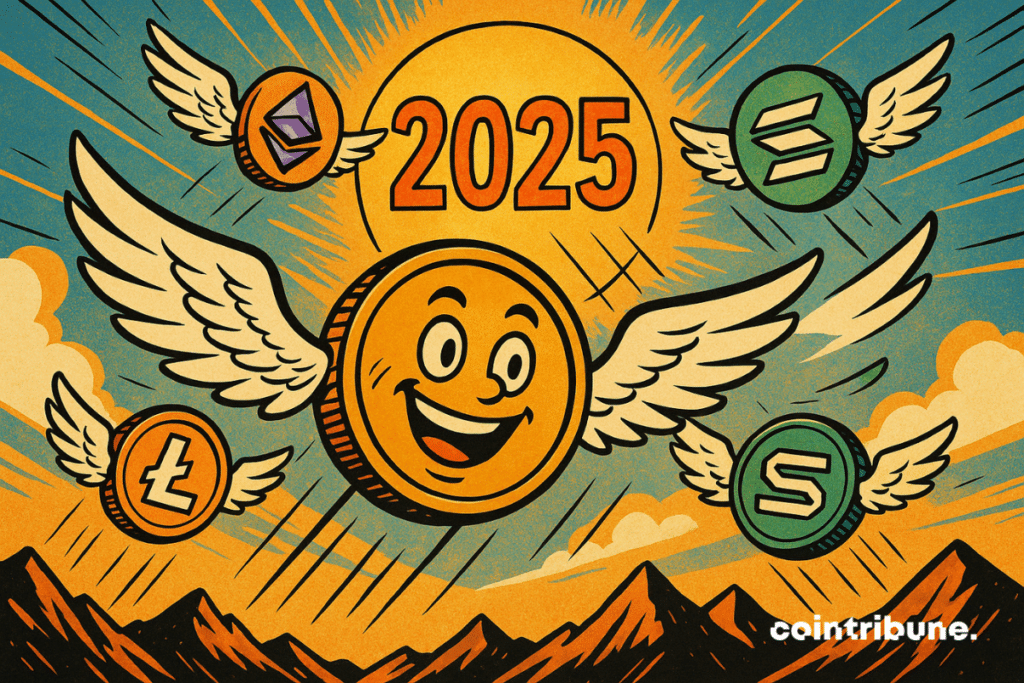 Several crypto coins stylized with happy faces, wings spread, Bitcoin, altcoins, etc. taking flight.