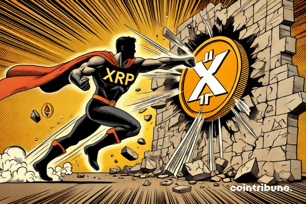 La crypto XRP en personnage super-héros frappant une muraille