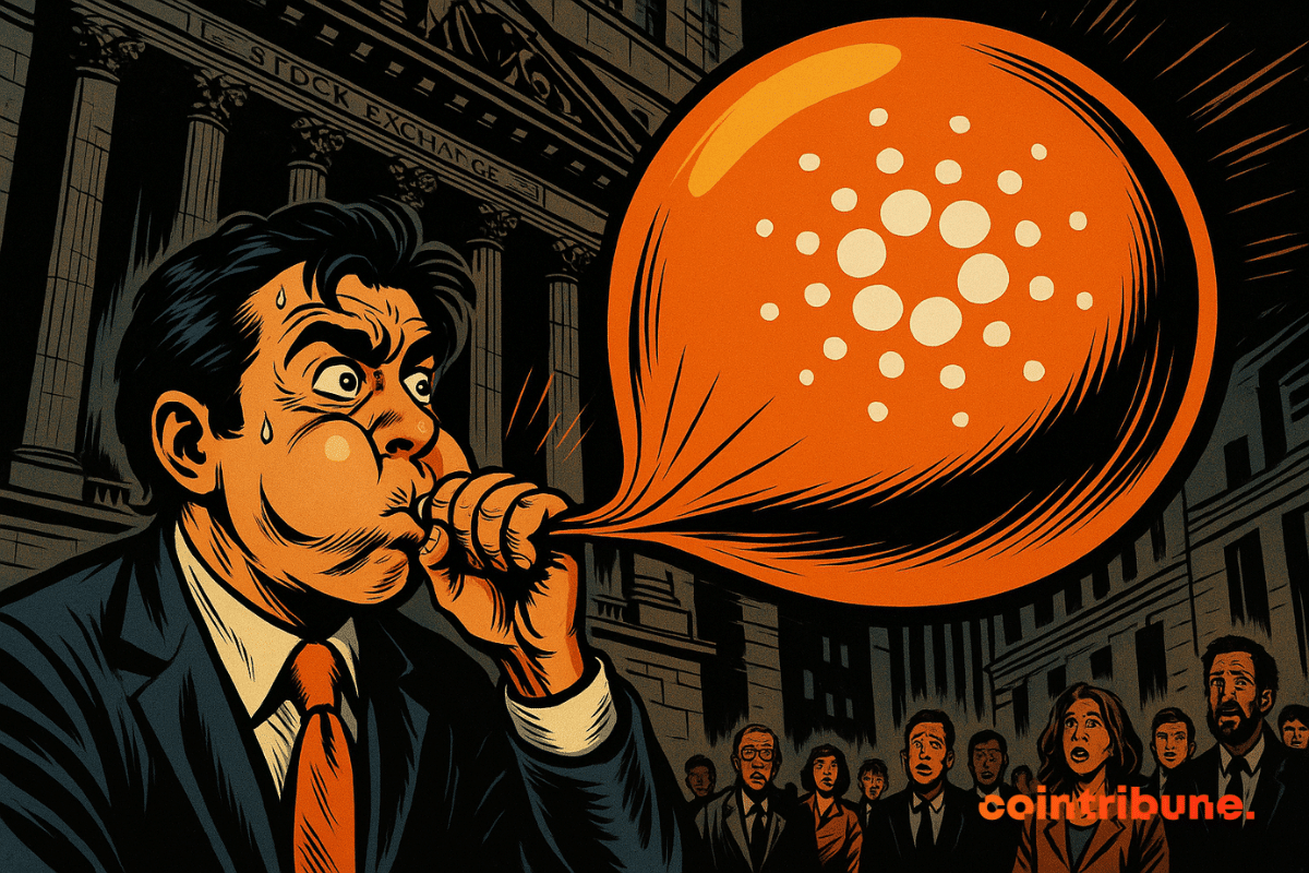 Un hombre de traje infla un enorme globo naranja de Cardano frente a la Bolsa de Valores, ante una multitud atónita, al estilo de los cómics de los años 70.
