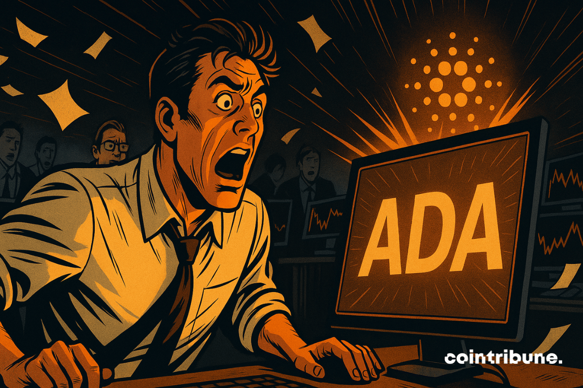 Un comerciante queda atónito ante una explosión de Cardano en la pantalla, lo que ilustra el frenesí del mercado de criptomonedas con intensidad visual.