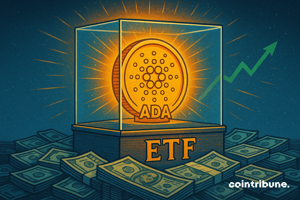 Ilustração de uma moeda Cardano (ADA) brilhante dentro de uma vitrine de vidro rotulada como “ETF”, cercada por pilhas de notas de dólar americano, com uma seta verde ascendente ao fundo.