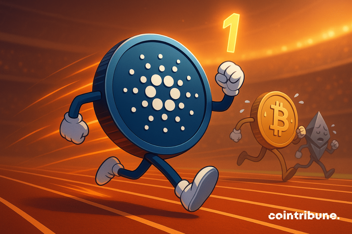 ADA personificada a la cabeza de una carrera futurista, por delante de Bitcoin y Ethereum en una pista luminosa