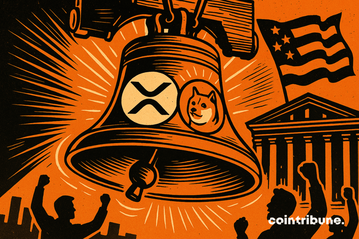 Un martillo acaba de golpear una enorme campana de Wall Street. Dentro de la campana brillan dos símbolos: los logotipos de XRP y Dogecoin. La campana resuena, y los logotipos de las dos criptomonedas vibran, simbolizando el lanzamiento de los ETF.