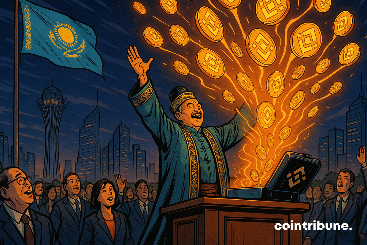 El líder de Kazajstán lanza monedas BNB brillantes al cielo durante una ceremonia pública de presentación de criptomonedas.
