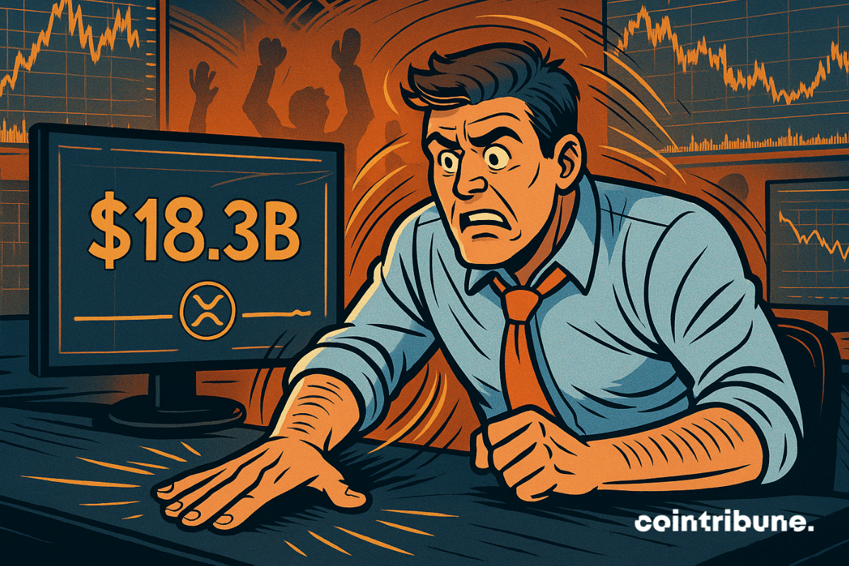 Un trader de style bande dessinée choqué par la ligne plate du XRP sur l'écran affichant un volume de transactions de « 18,3 milliards de dollars ».