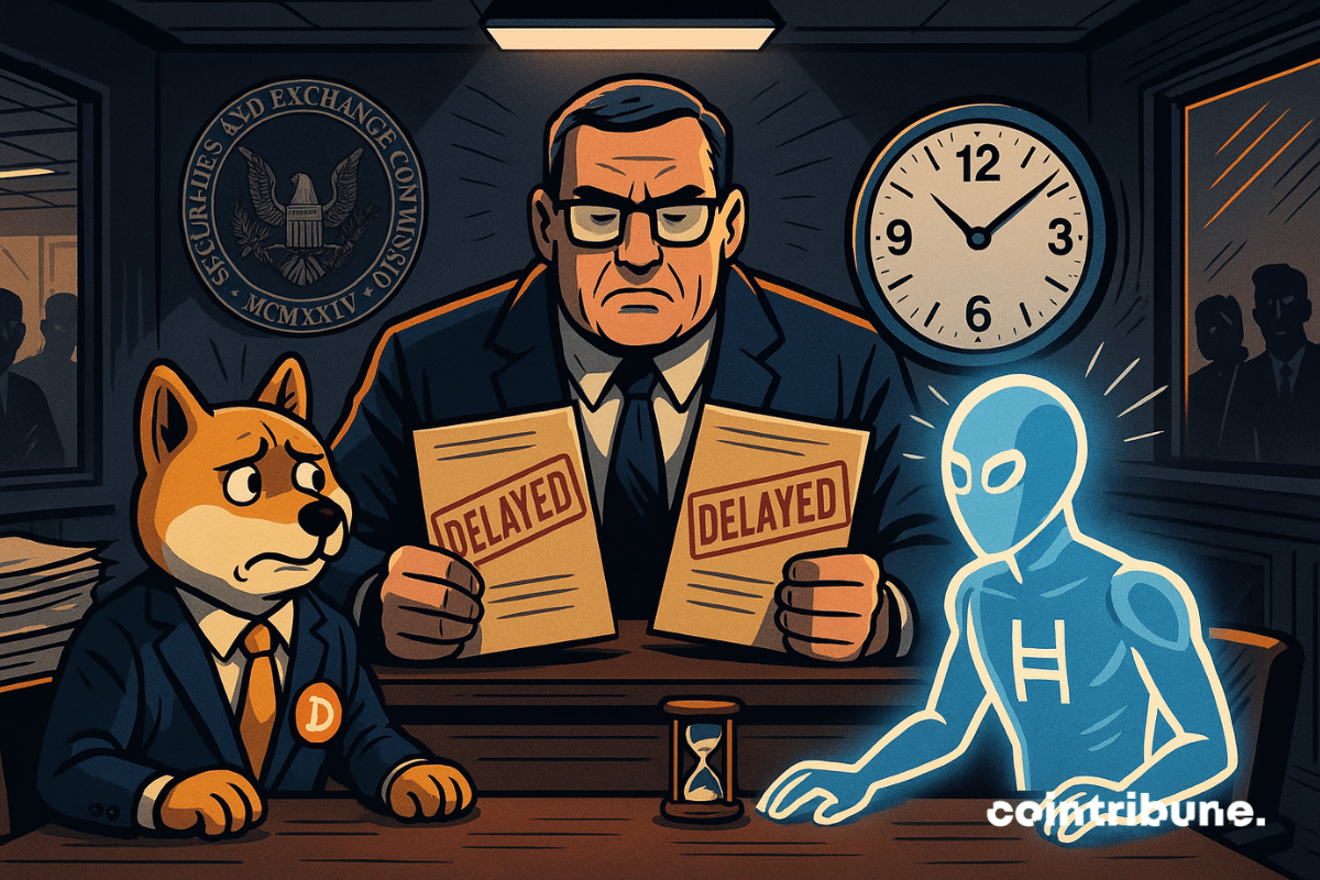 Un agente de la SEC bloquea dos ETF de criptomonedas, frente a Dogecoin y Hedera, paralizados a la espera bajo un reloj implacable.