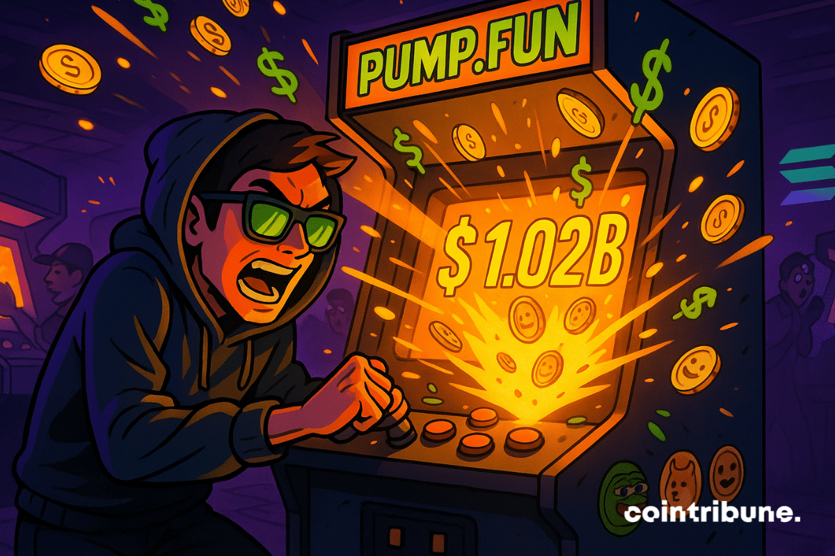 La sala de juegos Pump.fun explota con ".02 mil millones" mientras un comerciante de criptomonedas entusiasmado presiona botones.