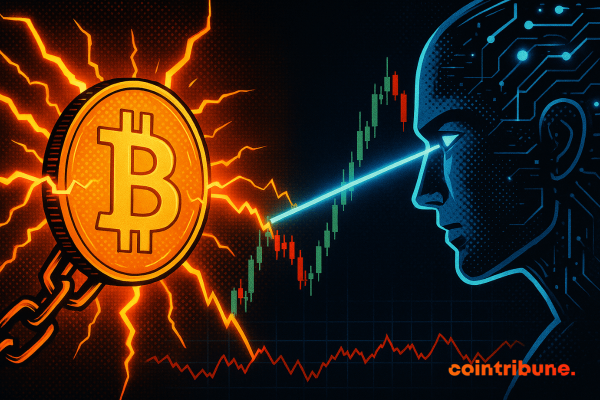 Un Bitcoin incandescente se enfrenta a una inteligencia artificial azulada, sus energías opuestas chocan en un tenso gráfico de mercado.