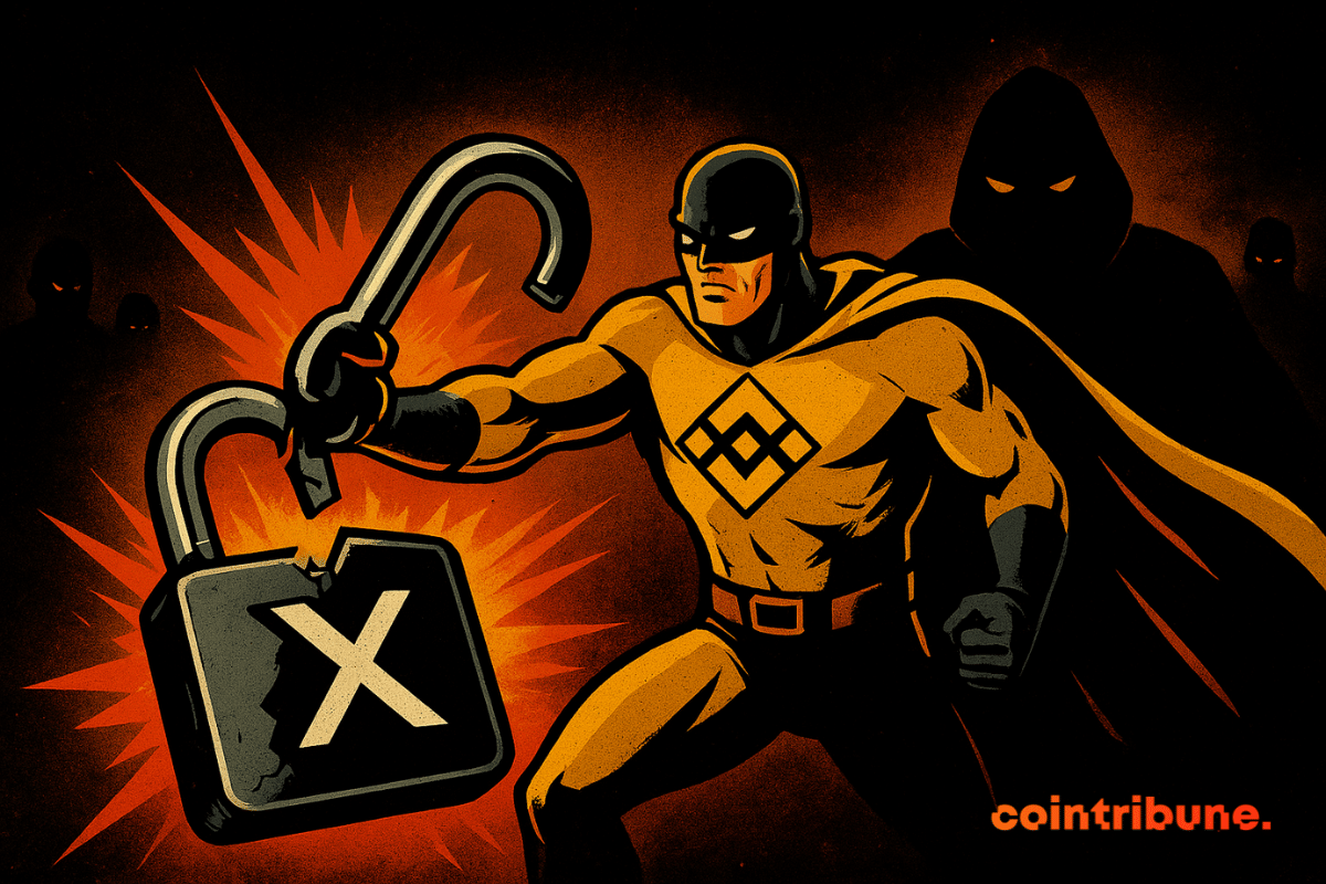 Un superhéroe de estilo cómic en amarillo y negro con el logotipo de Binance rompe un candado marcado con una X, mientras unas figuras con capuchas oscuras aparecen en el fondo.