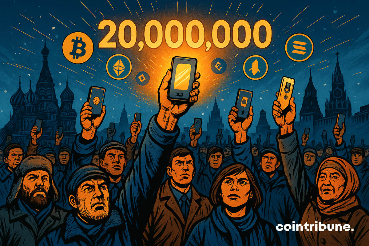 Une foule originaire de Russie brandissant des portefeuilles numériques contenant du Bitcoin d’autres actifs.