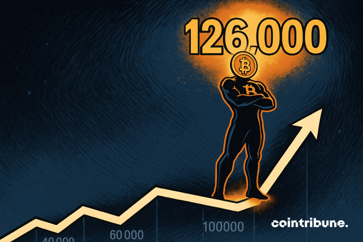 Le Bitcoin en super-héros grimpe lentement un graphe jusqu’à une plateforme « 126 000 $ ».