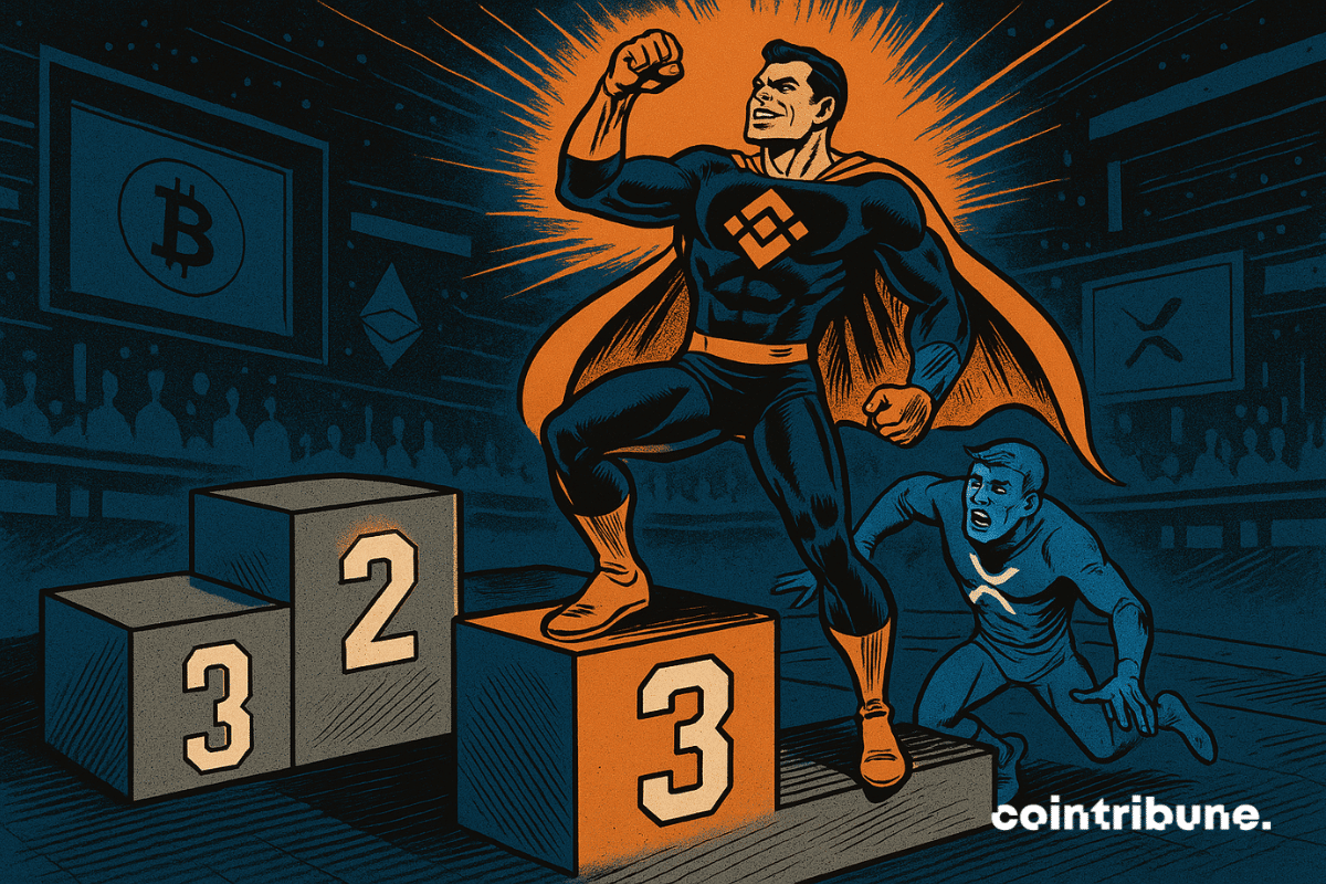 Un super-héros puissant représentant la crypto BNB est debout fièrement sur la marche numéro « 3 », torse bombé, poing levé, regard vers l’horizon. Le XRP en adversaire défait, glisse hors de la marche « 3 », expression déconcertée et frustrée, un bras en arrière pour garder l'équilibre.