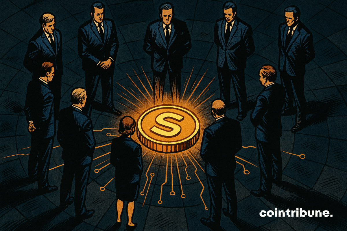 Un cercle d’hommes de l’écosystème des banques autour d’un jeton stablecoin, ce qui symbolise leur union sur un projet crypto inédit.