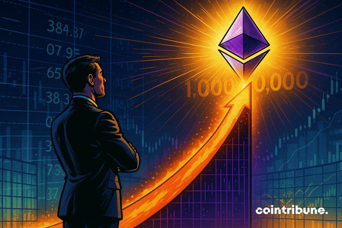 Un símbolo gigante de Ethereum en cristal violeta y plateado, flotando en la cima de un gráfico alcista ardiente que se eleva hacia el cielo. Una silueta de un analista de SharpLink o un inversor cripto contempla la escena.