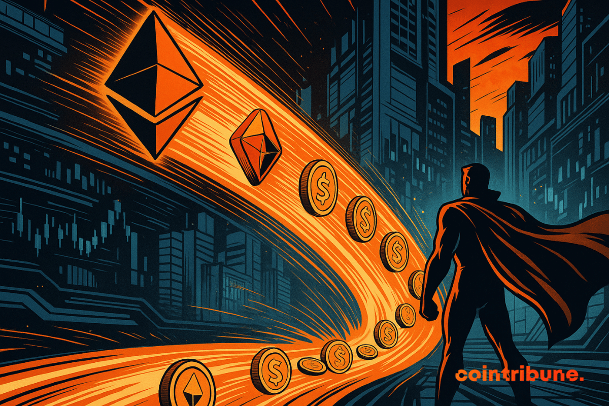 Un héroe observa un torrente luminoso de Ethereum transformándose en monedas estables, iluminando una ciudad futurista con tonos anaranjados.