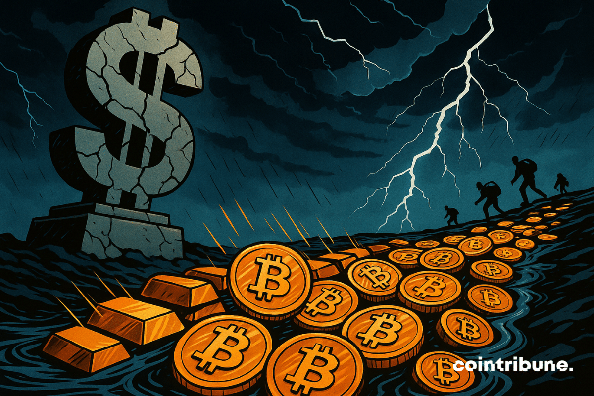 A cracked statue of the dollar collapses in the storm, while a river of gold and Bitcoins sweeps away human silhouettes.