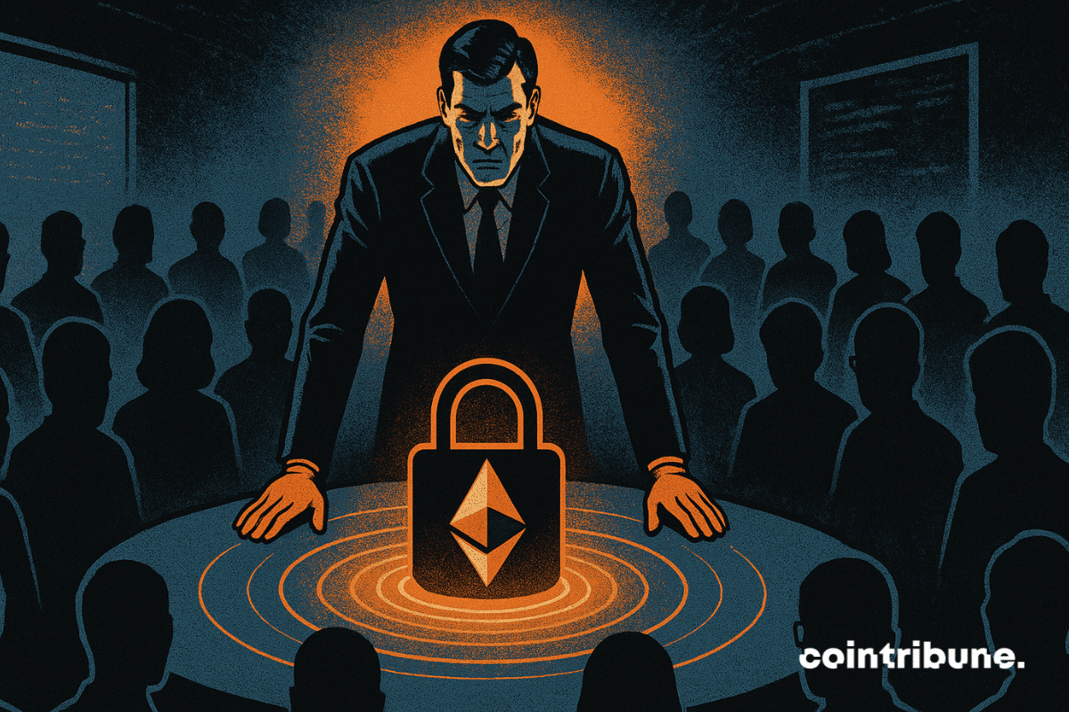 Un líder decidido dirige un grupo de trabajo secreto en torno a un holograma Ethereum, evocando protección, estrategia y confidencialidad digital.